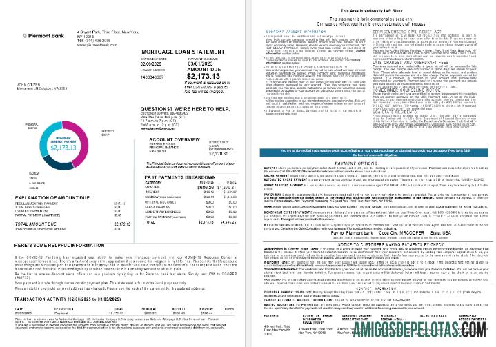 Extrato de empréstimo hipotecário do USA New York Piermont Bank em formatos Word e PDF, 4 páginas 1 2 modelo